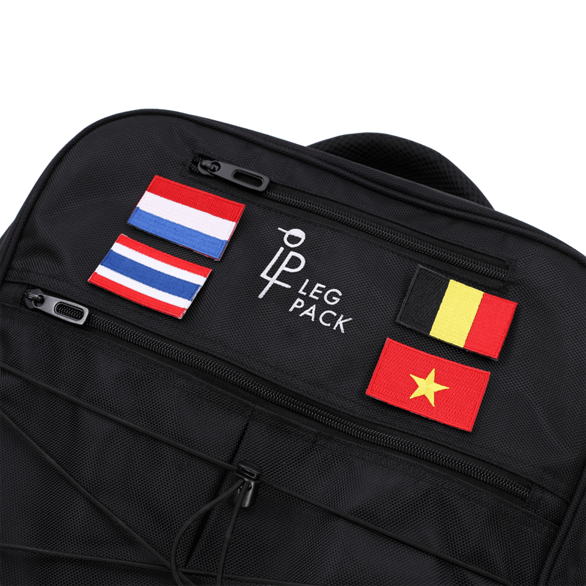 Legpack Vlagpatches met Klittenband detail op rugzak met wieltjes